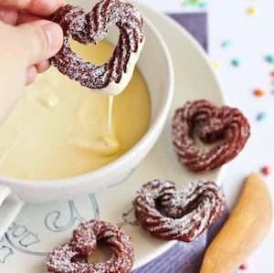 Raspberry Mini Heart Churros with White Chocolate Dipping Sauce