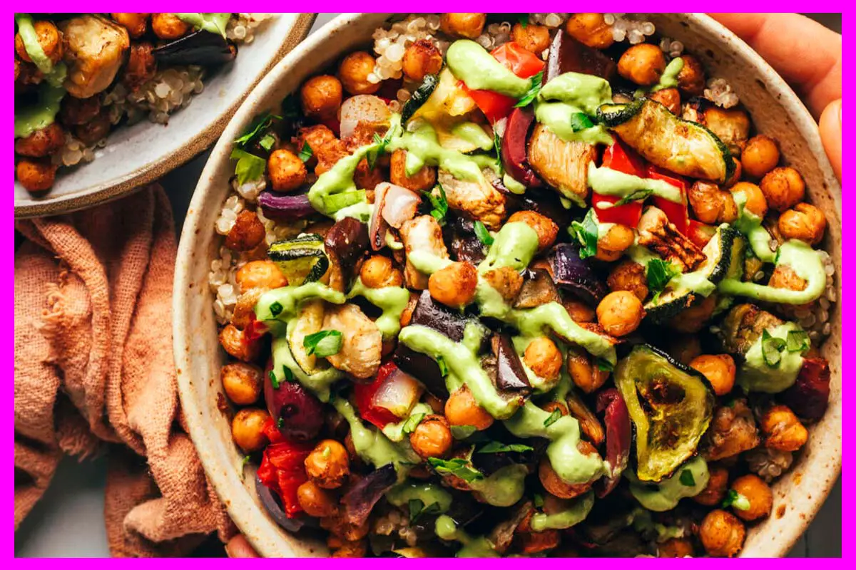 30-Minute Meal Prep Roasted Vegetable Bowls With Green Tahini in 2 plates