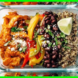 30-Minute Meal Prep Sheet Pan Chicken Tinga Bowls in 3 glass bowls