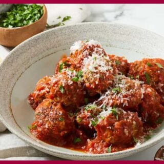 A picture of 30-Minute Vegetarian Meatballs in a white bowl on a table.
