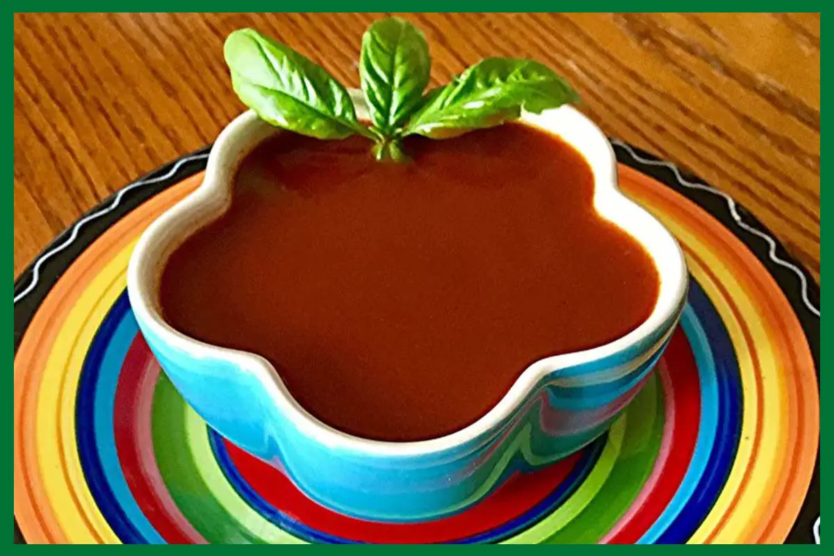 A picture of 5-Minute Blender Enchilada Sauce in a blue bowl. The bowl is placed on a flat plate.