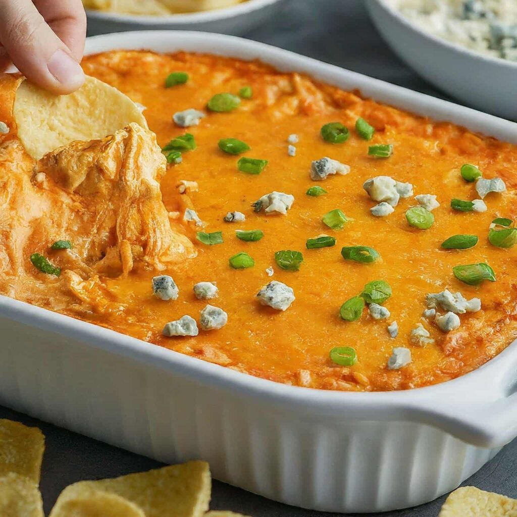 buffalo chicken dip in a white bowl