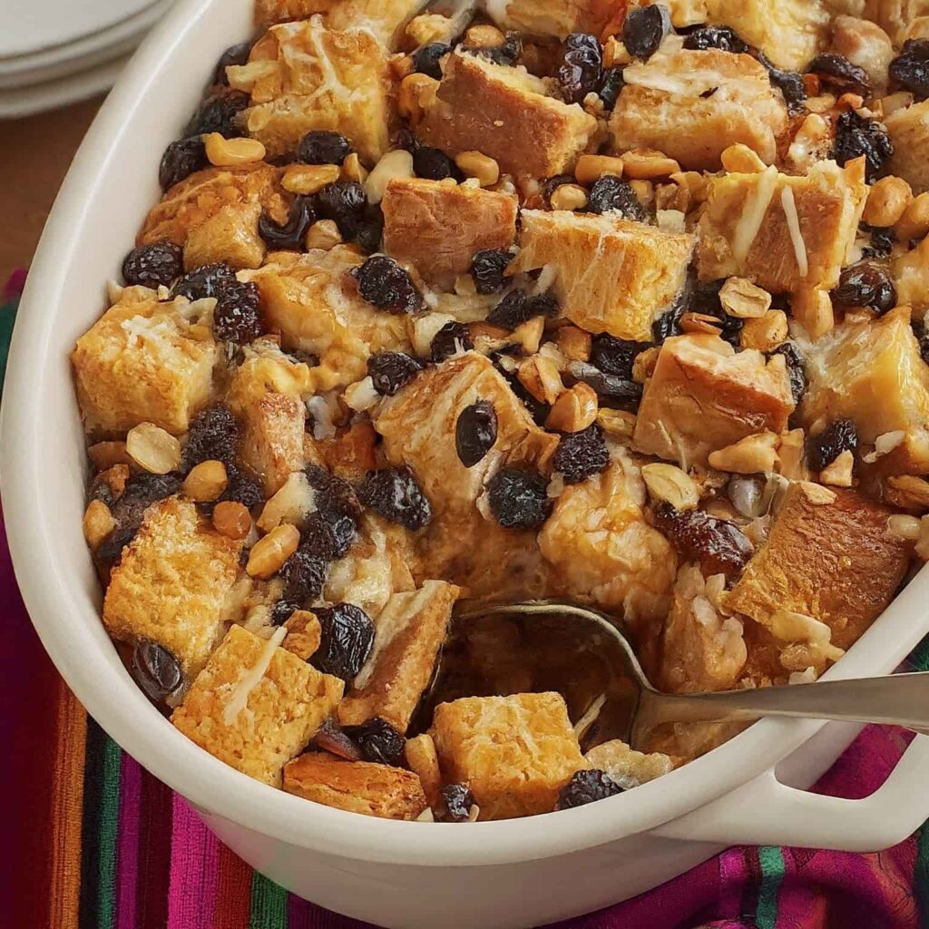 Capirotada Mexicana in a white ceramic bowl