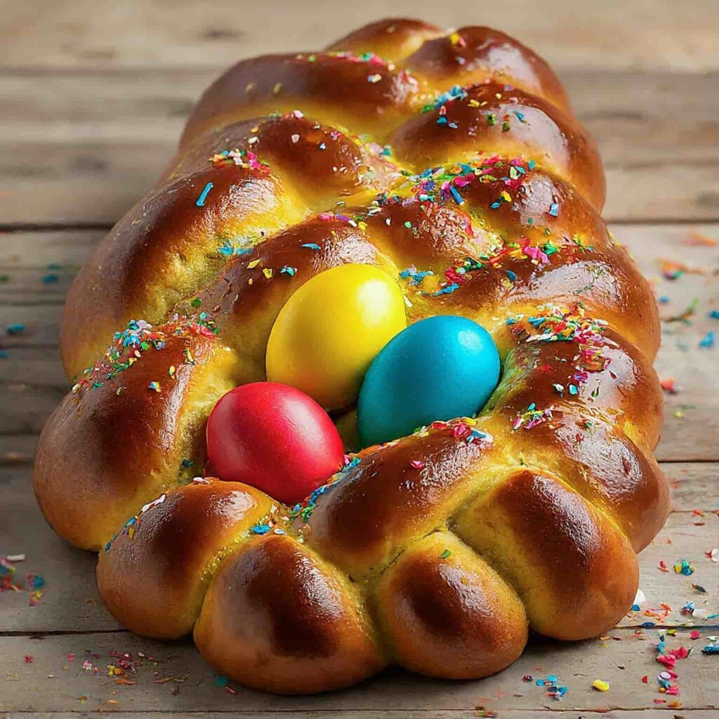 Italian braided bread on a table