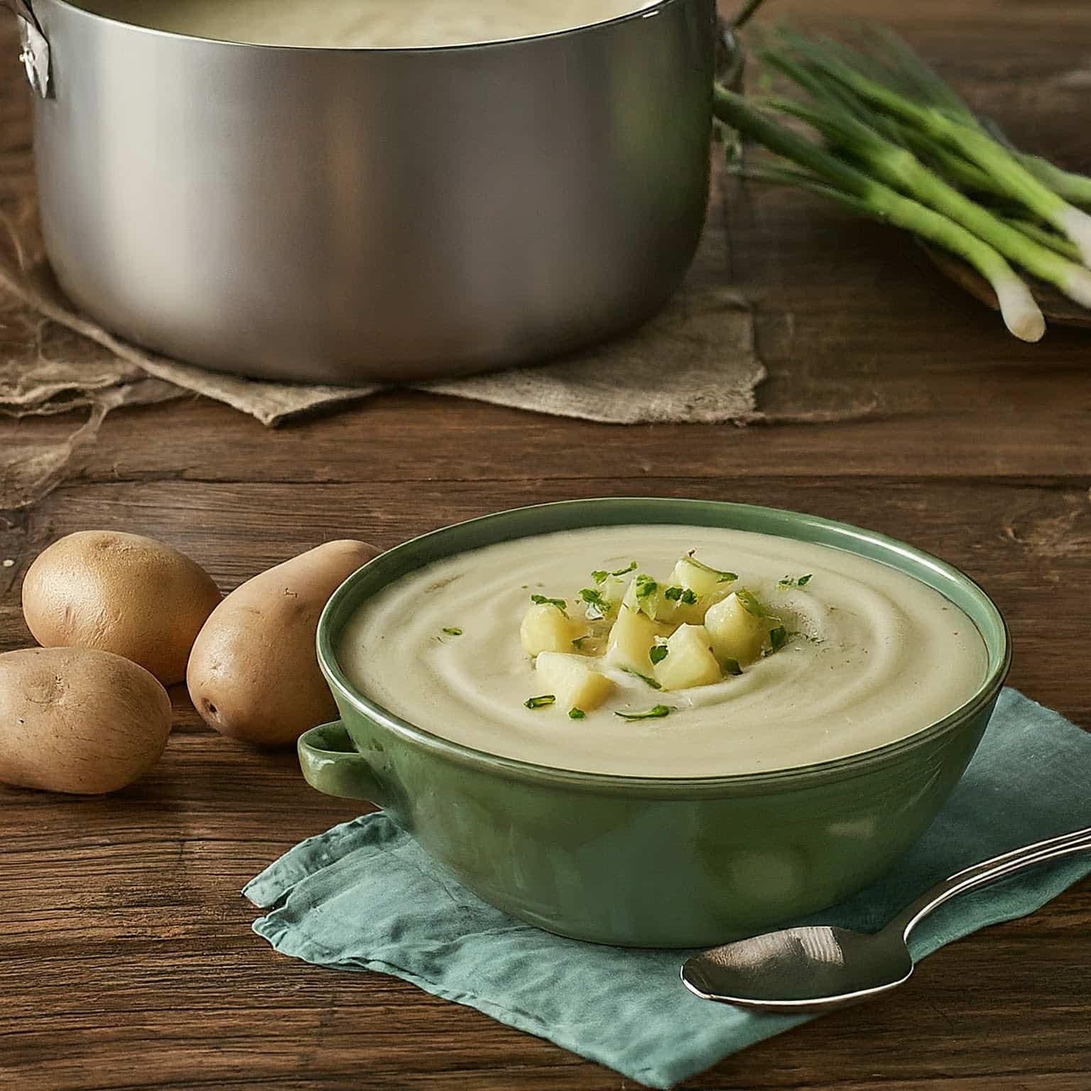 A picture of a green bowl with Potato Soup in it. Three pieces of Potatoes lay beside it and a pot is behind.