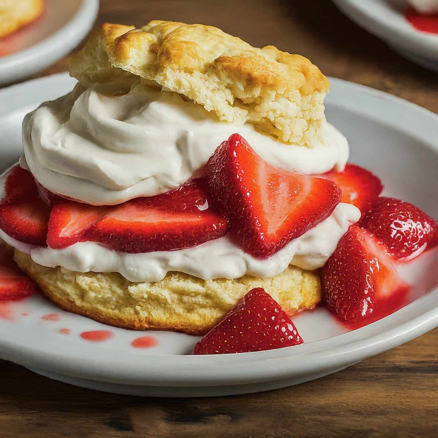 Strawberry Shortcake Recipe on a white plate with slices of strawberry around it.