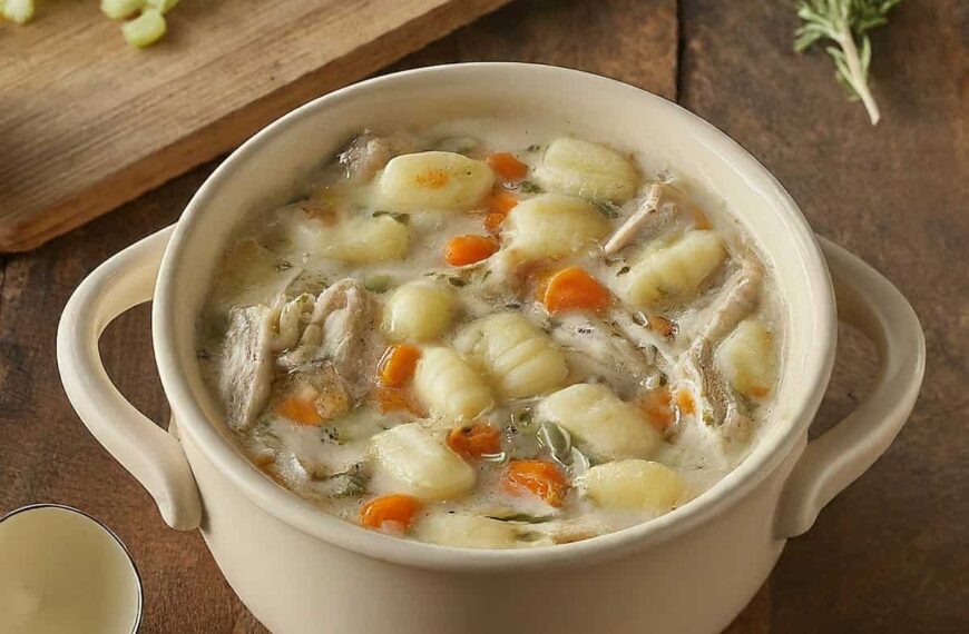 A picture of crockpot chicken gnocchi soup in a pot