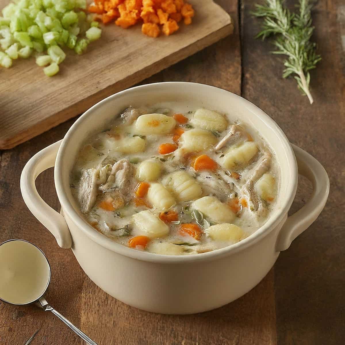 A picture of crockpot chicken gnocchi soup in a pot
