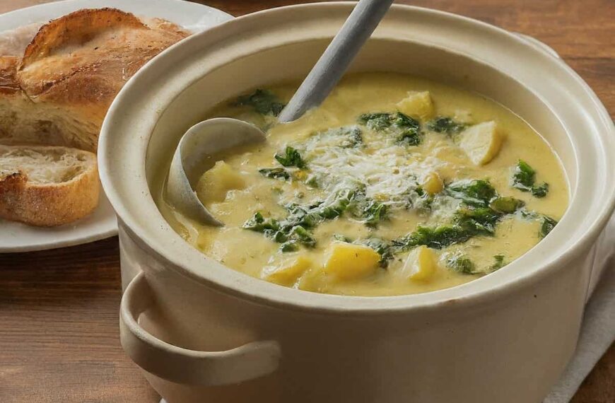 A picture of potato kale soup in a pot
