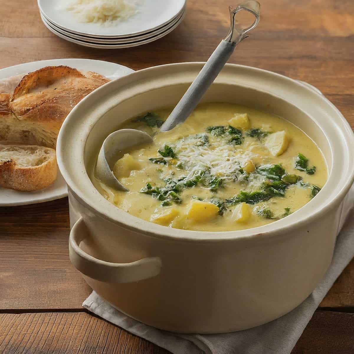A picture of potato kale soup in a pot