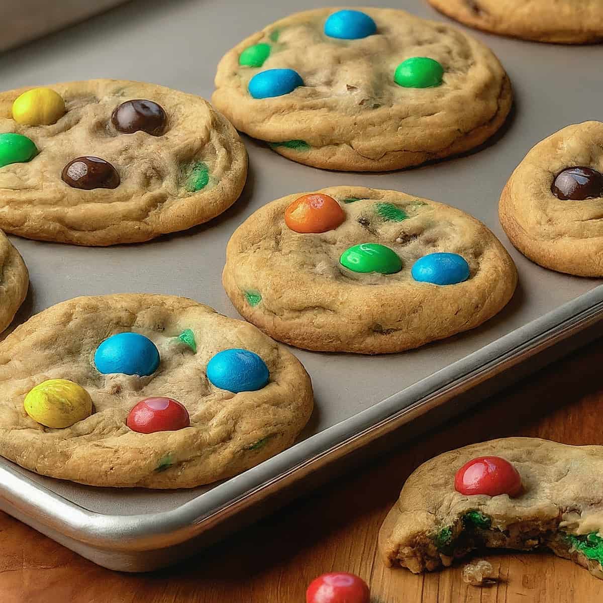 a picture of m&m cookies on a tray