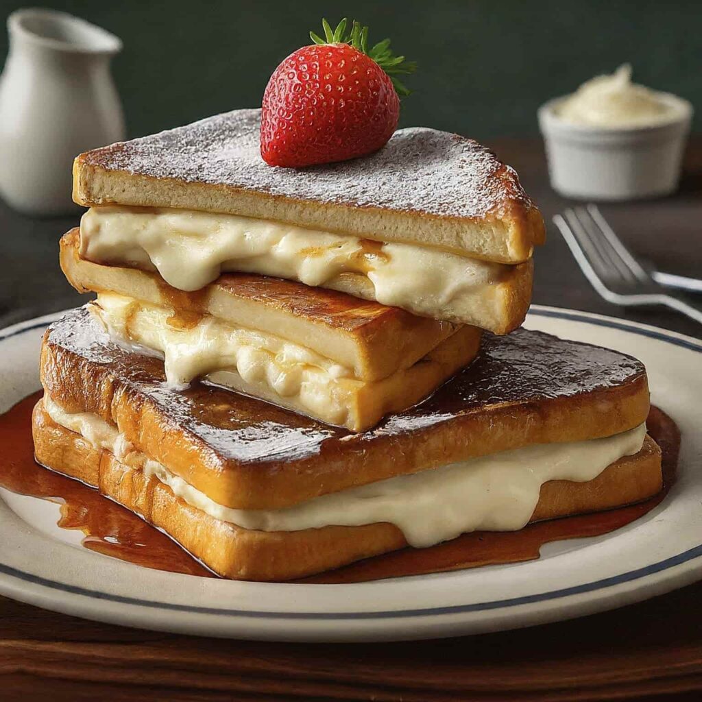 2 pairs of stuffed french toast dusted in sugar with a piece of strawberry on top. It is sitting on a white plate.