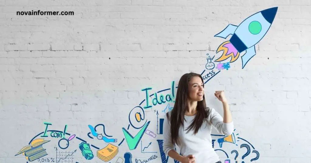 a woman standing in front of business ideas doddles