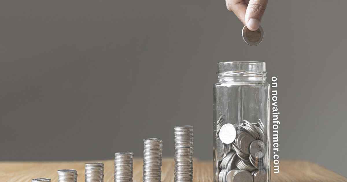 A hand dropping a coin inside a money saving jar with stacks of coins beside it