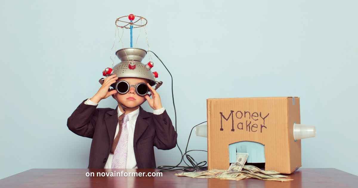 A picture of a child with a contraption placed on his head that is connected to a box that says, "money maker"