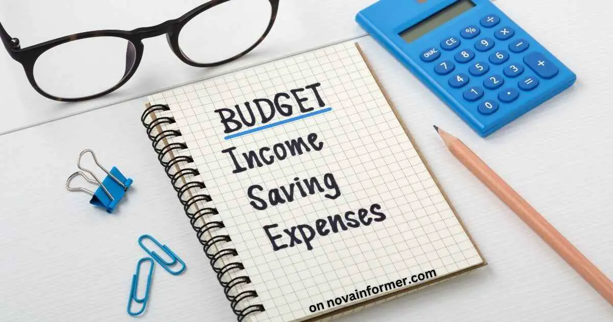 an image of a notepad with budget, income, savings, and expenses written on it.