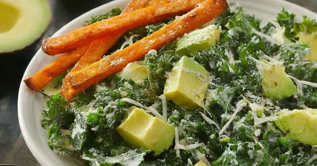 Avocado Kale Caesar Salad Sweet Potato Fries