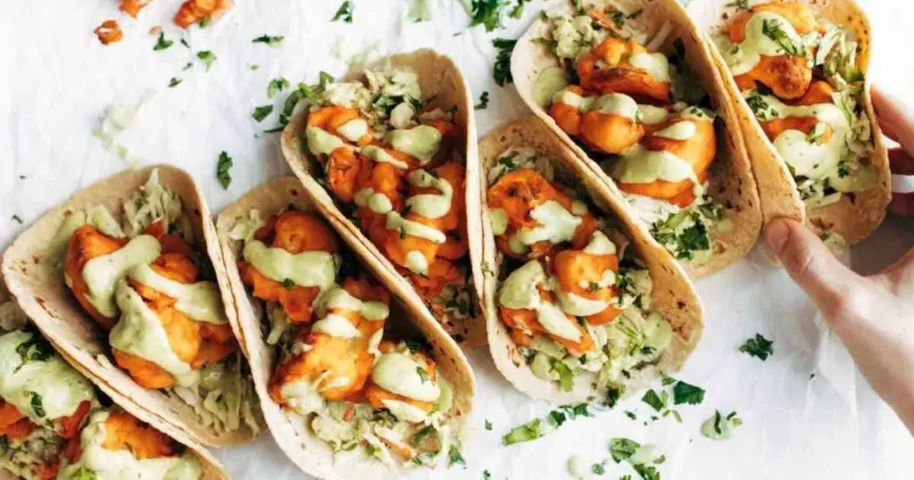 Buffalo Cauliflower Tacos Avocado Crema