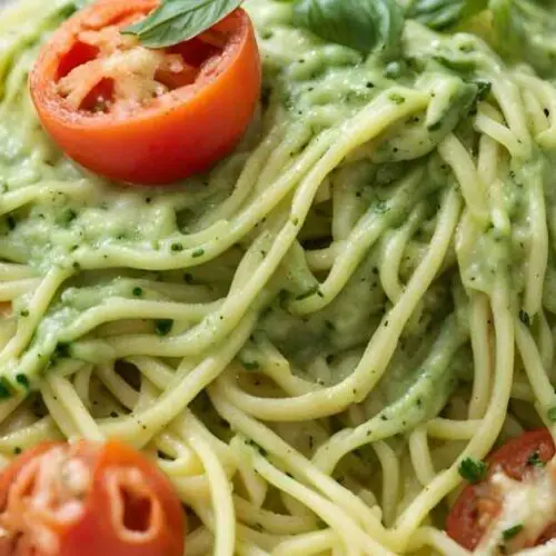 Burst Tomato Zucchini Spaghetti With Avocado Sauce