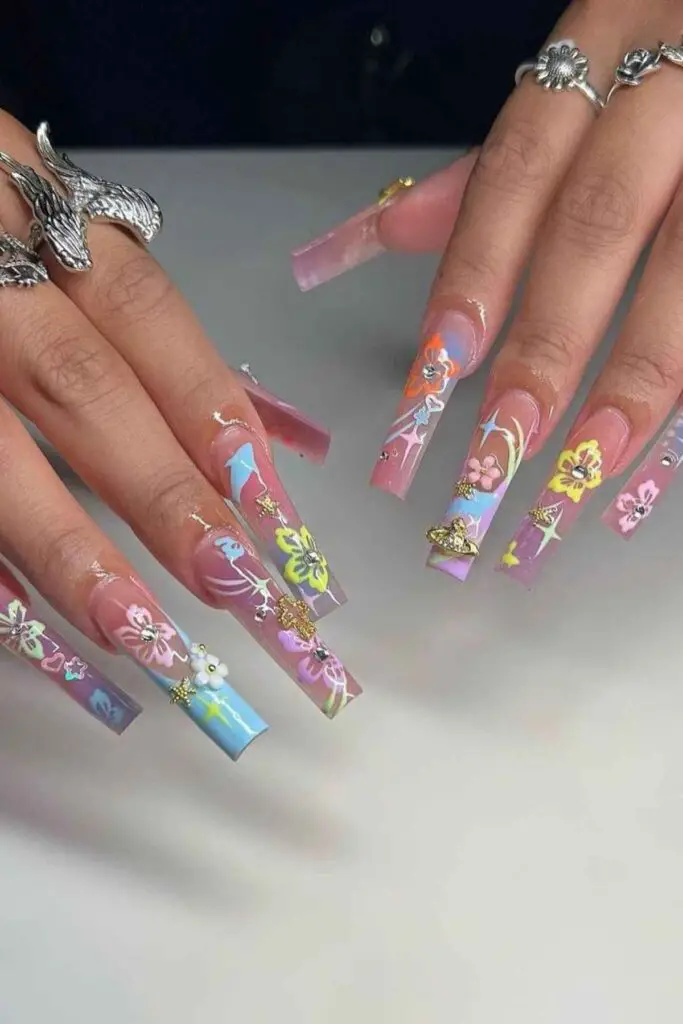 Celestial Flowers Summer Acrylic Nails