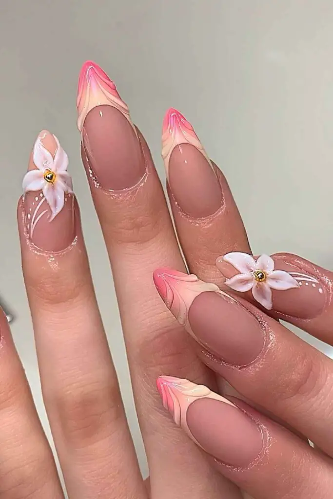 Flowery Pink Ombre Acrylic Nails