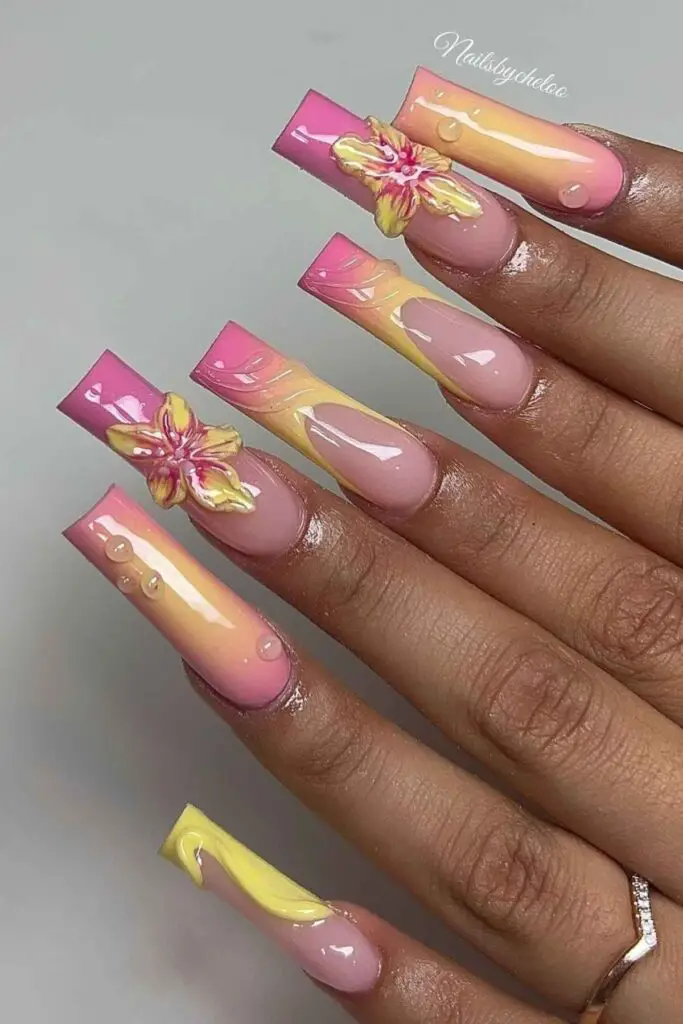 Pink and Yellow Freestyle Acrylic Nails