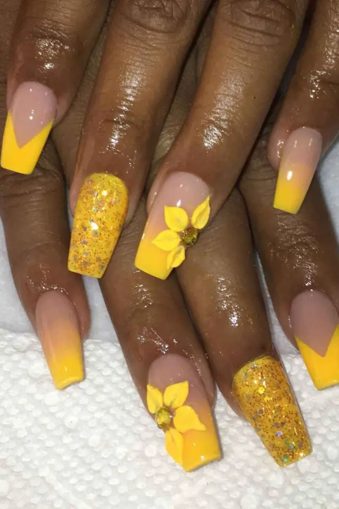 Yellow Glitter and Flower Acrylic Nails